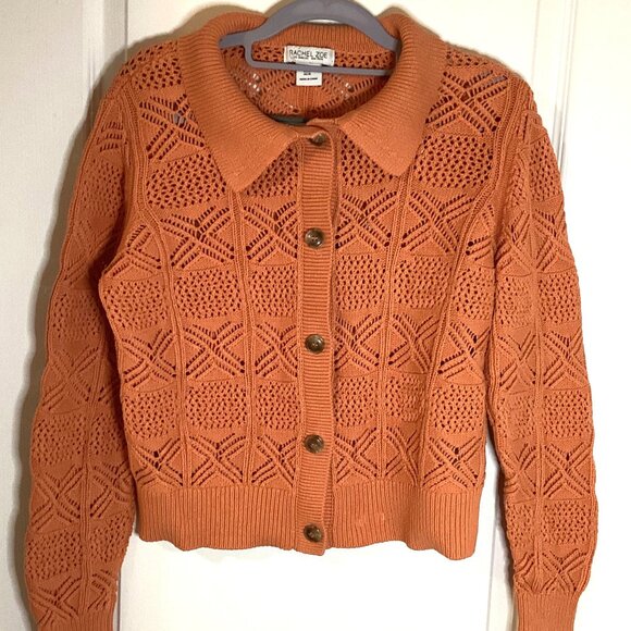 Rachel Zoe Women's Open Knit Orange Cardigan Button Front Collared Sweater Fall - Picture 1 of 7
